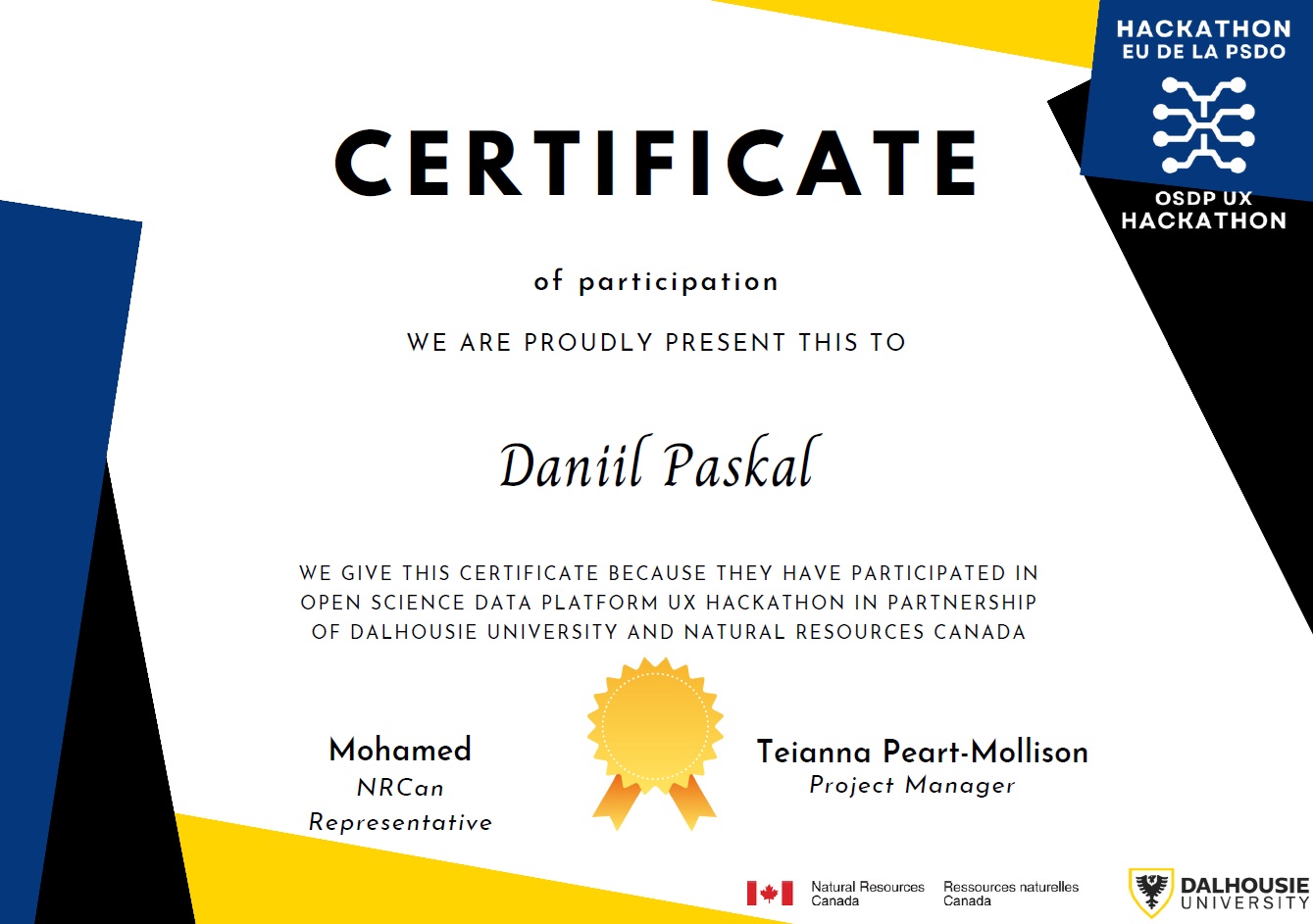 OSDP Hackathon participation certificate of Daniil Paskal