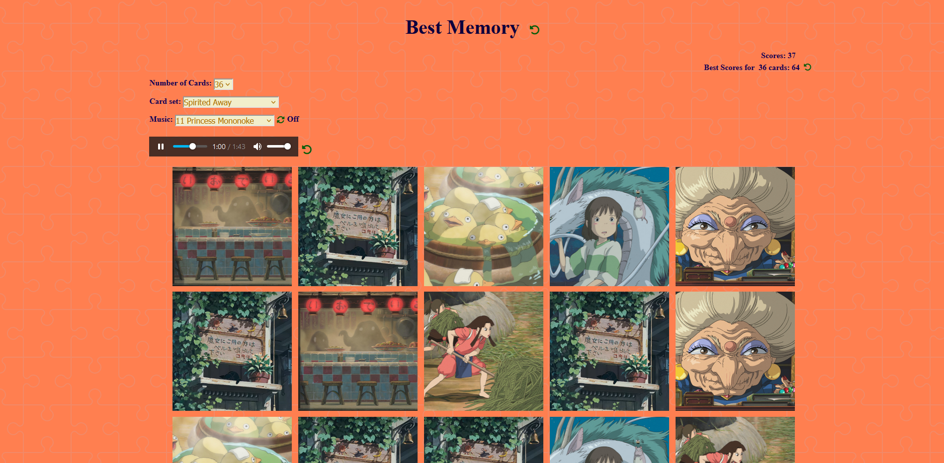 Screenshot of the Best Memory card game