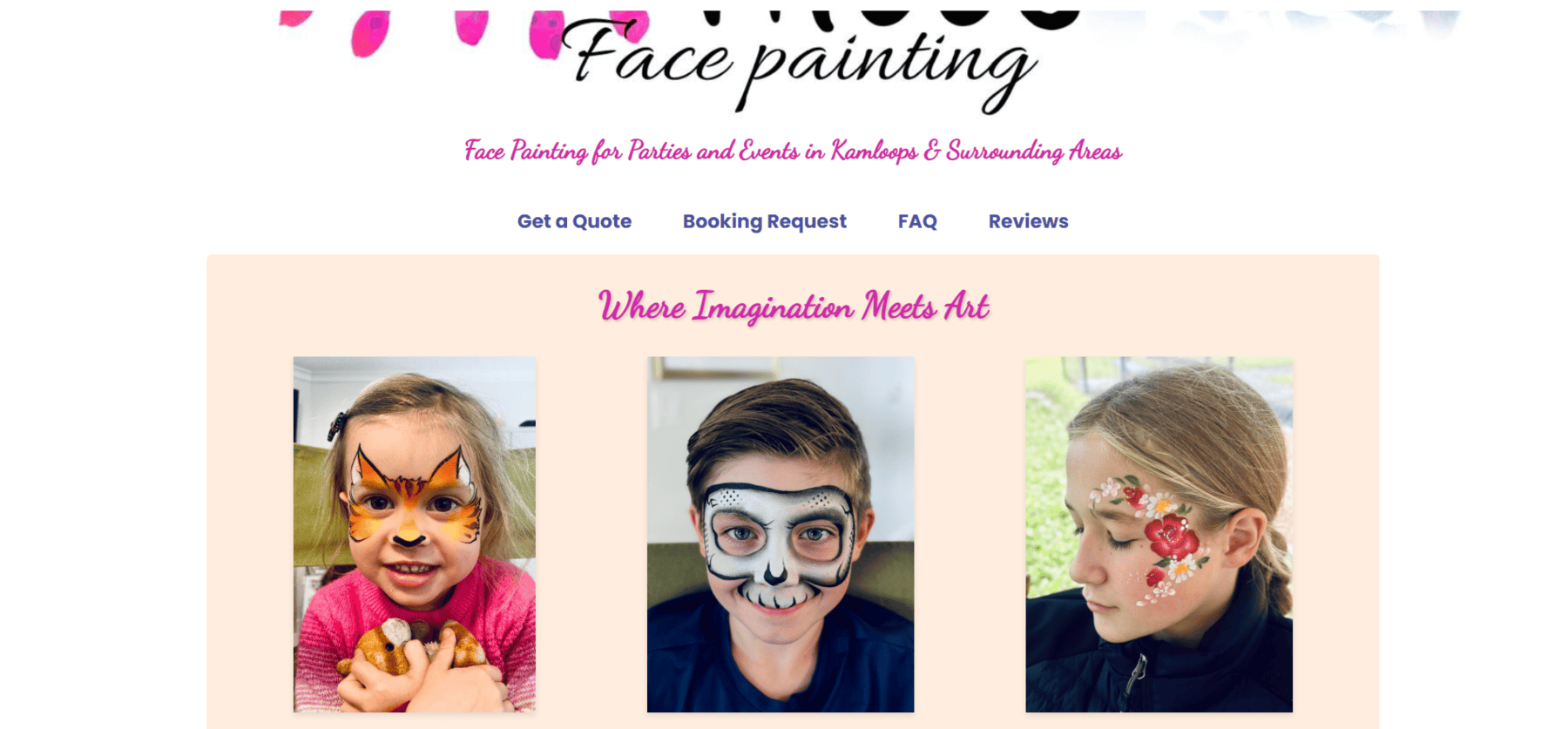 Screenshot of the home page of the cheekyfaceskamloops website